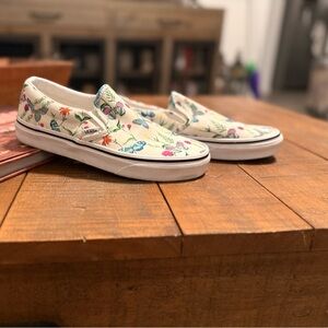 Vans Cream Slip-On Sneakers with Multicolor Floral and Butterfly Print